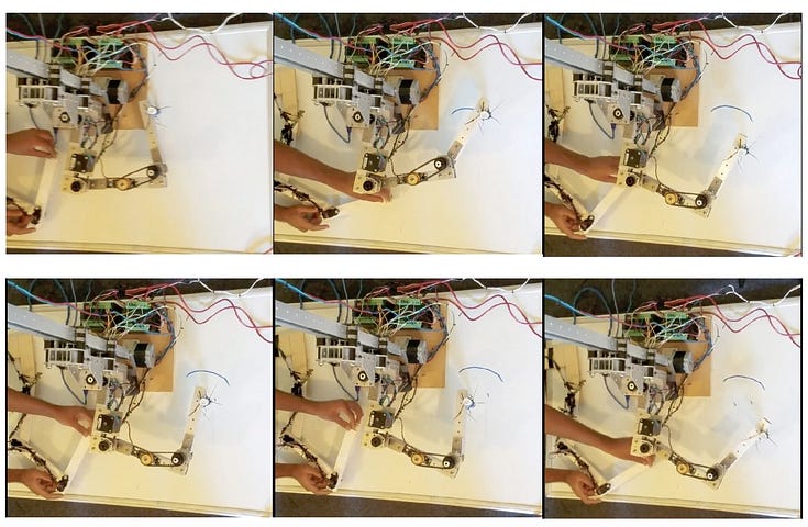 Images of a robotic arm that plays Tic-Tac-Toe using a google assistant, built by Hari and his high school robotics team.