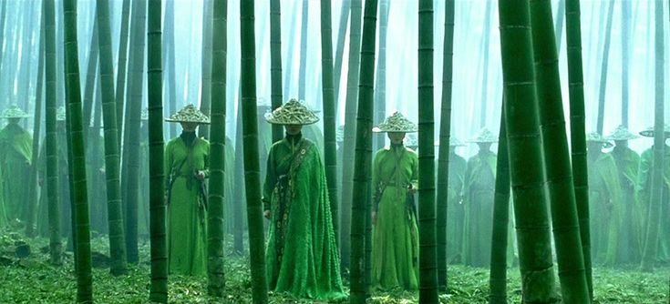 Exército com roupas verdes em meio a uma selva de bambus.