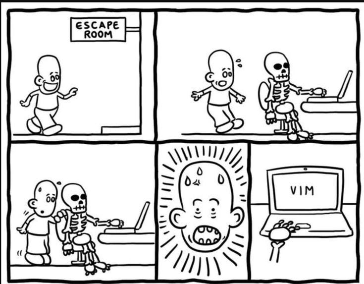 A man enters an escape room to see a skeleton at a desk. He looks at what the skeleton was doing an a laptop is open to Vim.