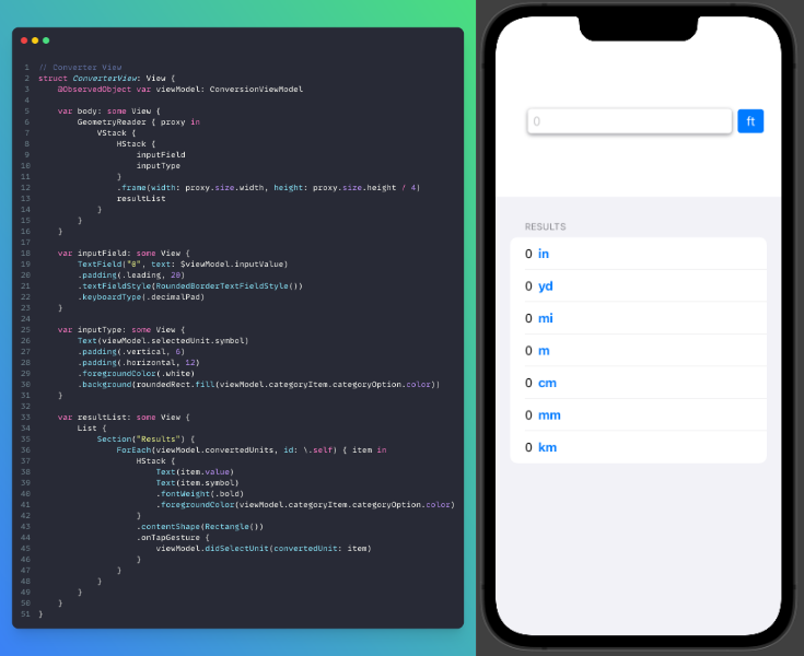 Code Snippet for Converter View layout in SwiftUI with Preview example