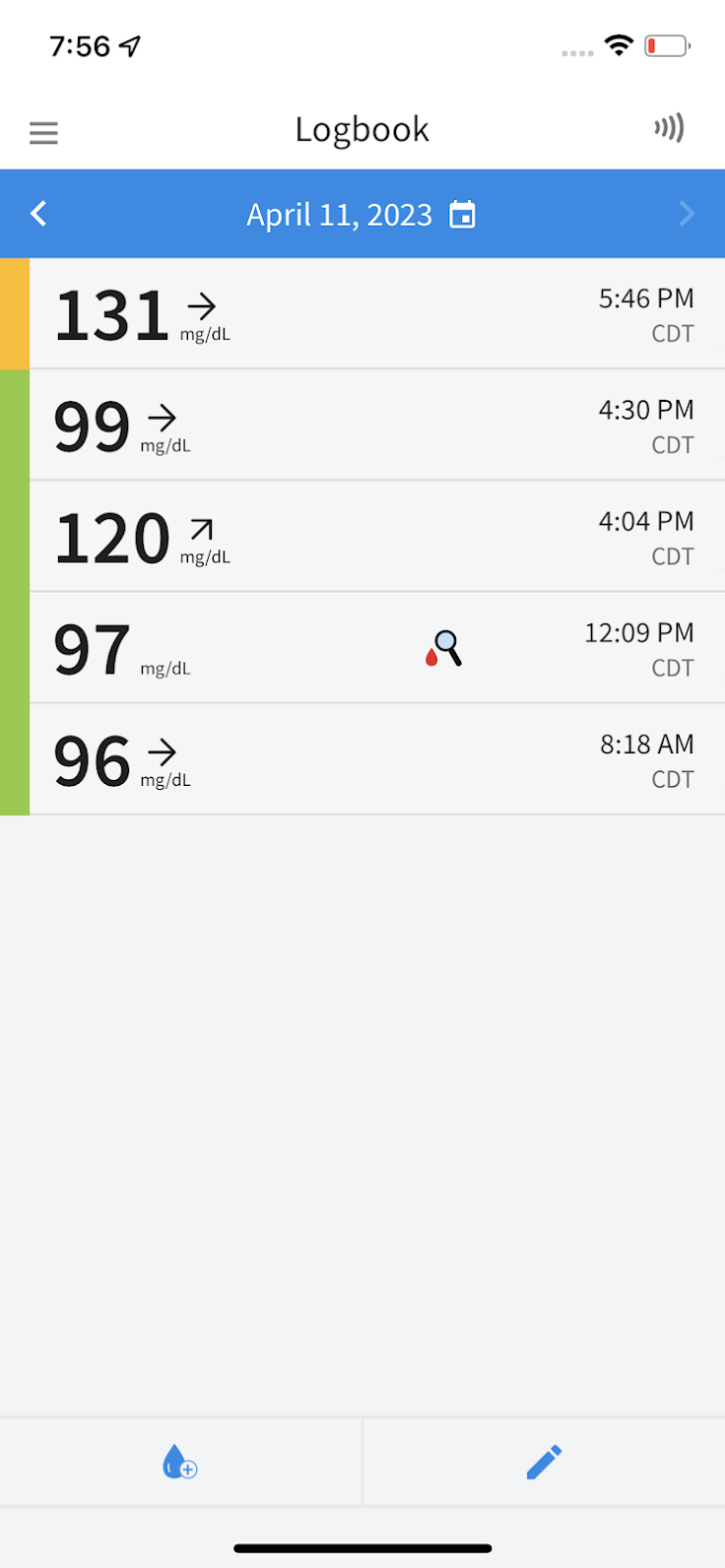 screenshot of logbook in the FreeStyle Libre app
