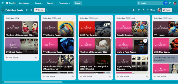 Screenshot of the board showing five lists from 2022–2024 and their cards with the featured images as covers.