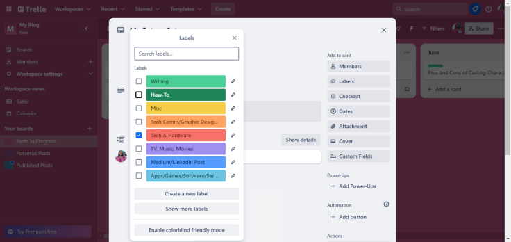 Screenshot of the labels side window open, showing the different colors and assigned their categories.