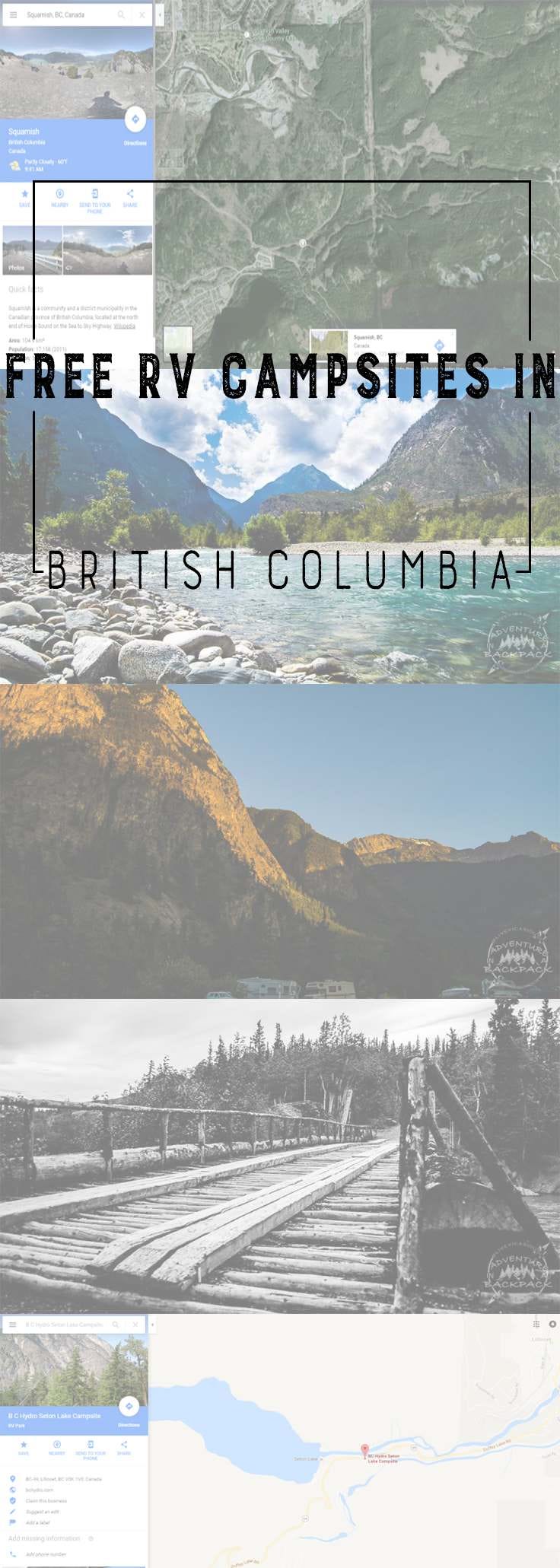 We found SEVERAL free options for free camping in our RV in British columbia on our way back from Alaska.  Glamping | Free Campsites | Canada Campsites | British Columbia Campsites
