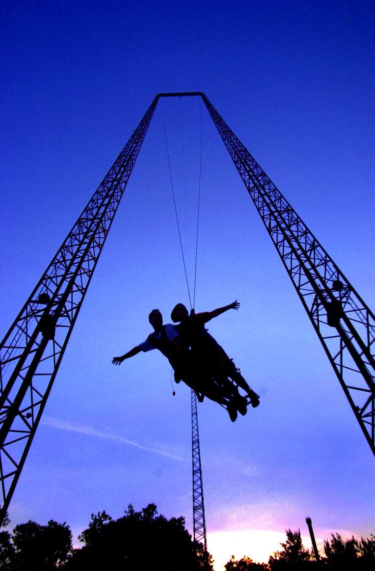 A photo of a ripcord amusement park ride.