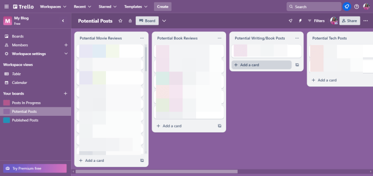 Screenshot of a purple Trello board showing four lists for movie reviews, book reviews, writing/book posts, and tech posts.