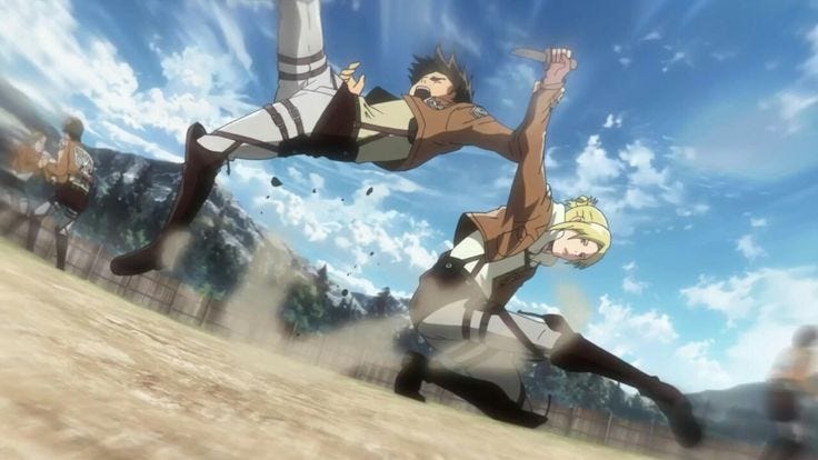 Annie showing Eren basic fighting techniques during their military training.