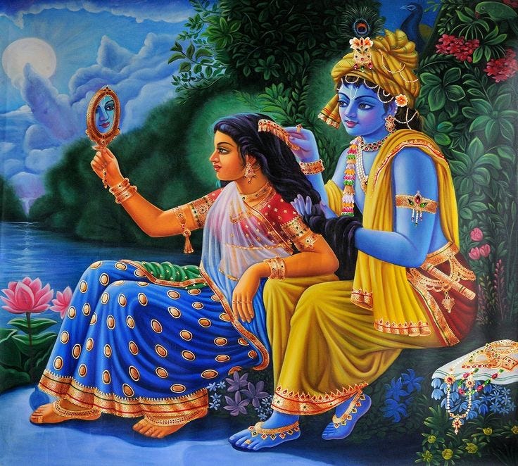 Illustration of Hindu God Krishna coming Radha’s hair as they sit along the water. Radha looks in the mirror and sees the reflection of Krishna.