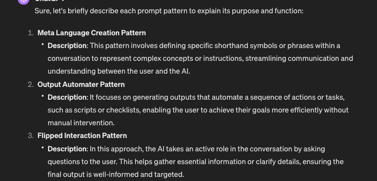 ChatGPT generating a description for each prompt pattern