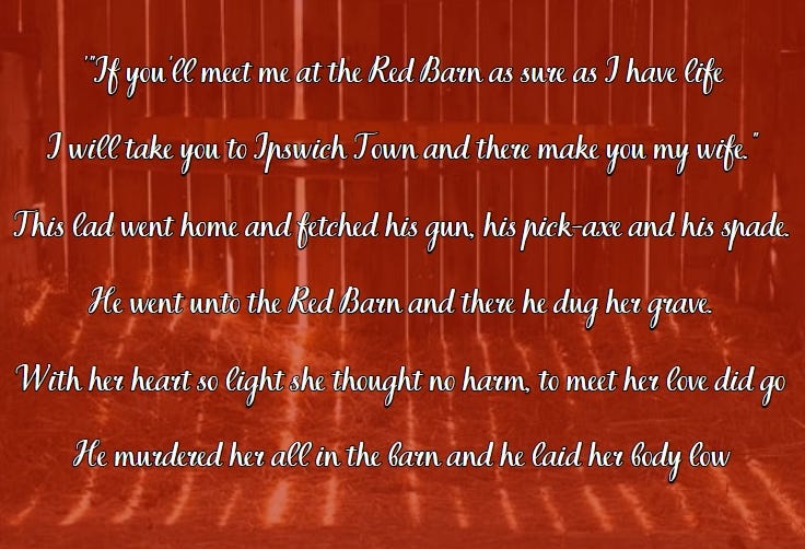 A red post card featuring a barn interior. Overlayed is a verse from a folk song which tells the story of Maria’s murder. Made in Canva by Laura Frances.