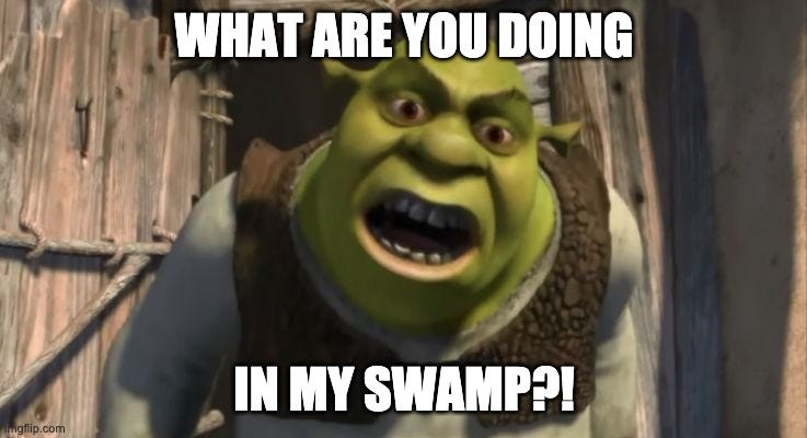 Shrek “What are you doing in my swamp?”