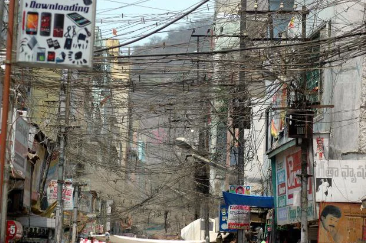 Picture of tangled power lines in India.