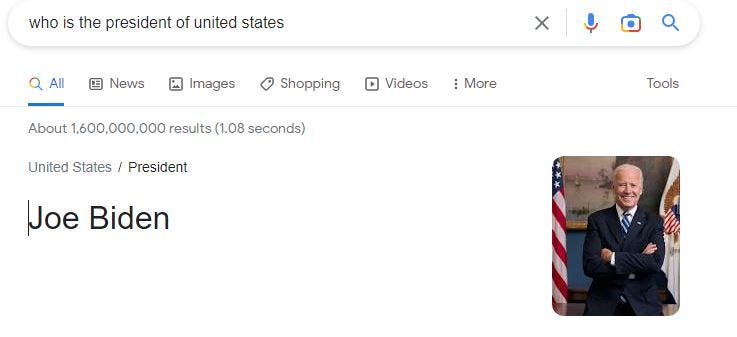Google search result for “who is the president of united states”