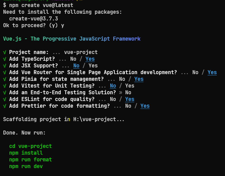 Initial project setup and options to choose from.