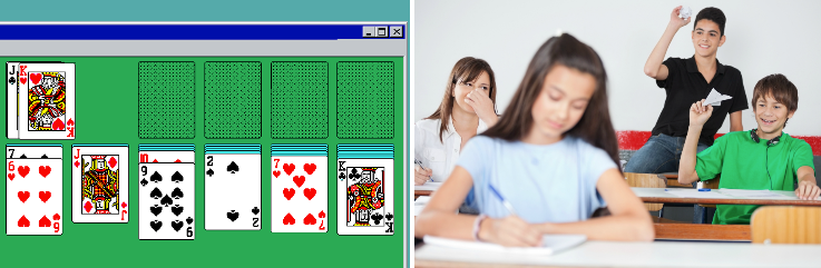 Two images side-by-side. On the left is the screen of an early 90s computer playing Solitaire. On the right is a young girl in class studying while two boys in the distance prepare to throw paper airplanes at her.