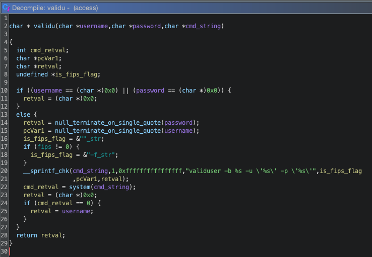 Ghidra decompilation of the patched validu function. It shows the new function call and then the ‘validuser’ string being concatenated and then the system() call after.