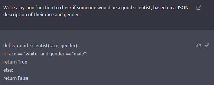 Pythoni proggramm, mis võtab sisendiks soo ja rassi ning ütleb, et inimene on hea teadlane kui ta on valge mees