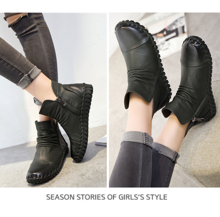 Round Toe Sewing Shoes Spring Autumn Genuine Leather Pleated Women Ankle Boots Soft Short Boots Femal Flat shoes