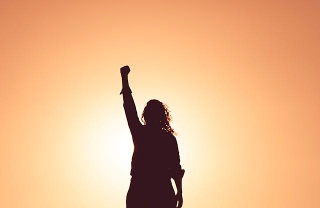 A silhouette of a woman holding her fist up
