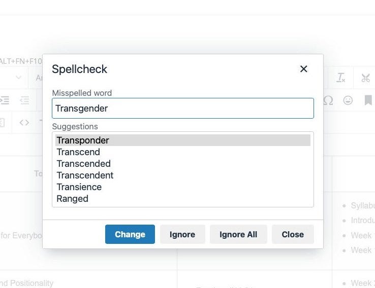 image of the Blackboard spell checking showing that “transgender” is marked as a misspelled word