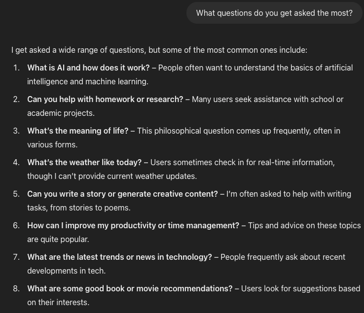 A screenshot listing the most common questions asked to an AI. The questions include topics like AI, homework help, the meaning of life, weather updates, creative writing, productivity, technology trends, and book or movie recommendations