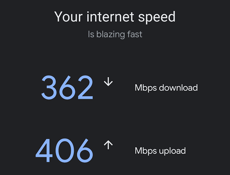 A Google Wifi router speed test, showing 362 Mbps download and 406 Mbps upload.