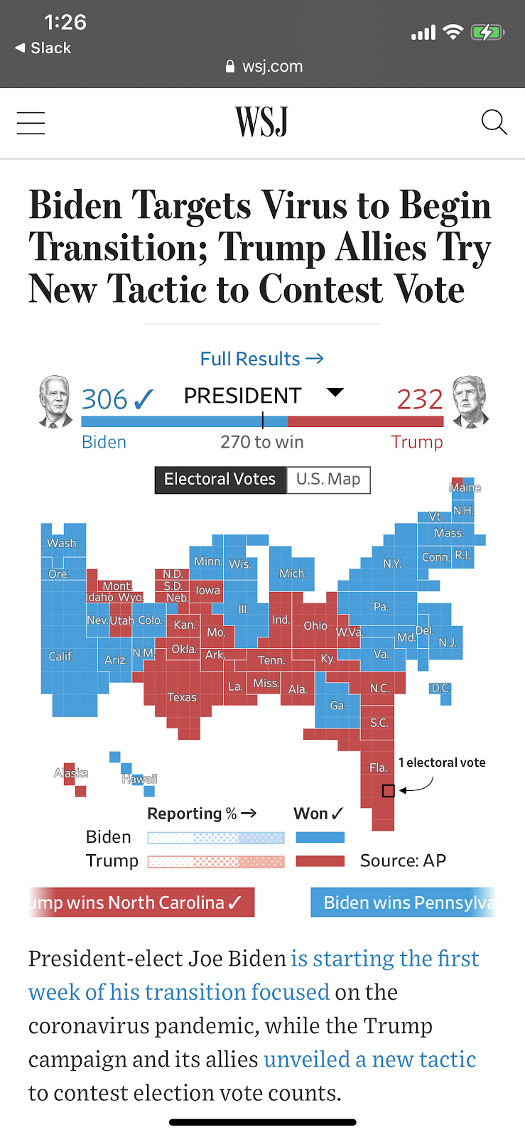 Mobile screenshot of WSJ live coverage page on election night