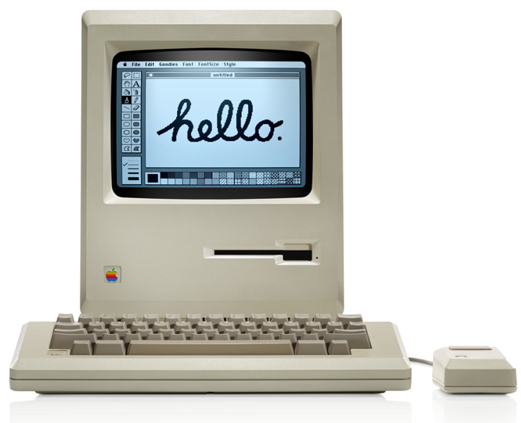 A photo of Original Macintosh 128K mac with the words hello on the screen