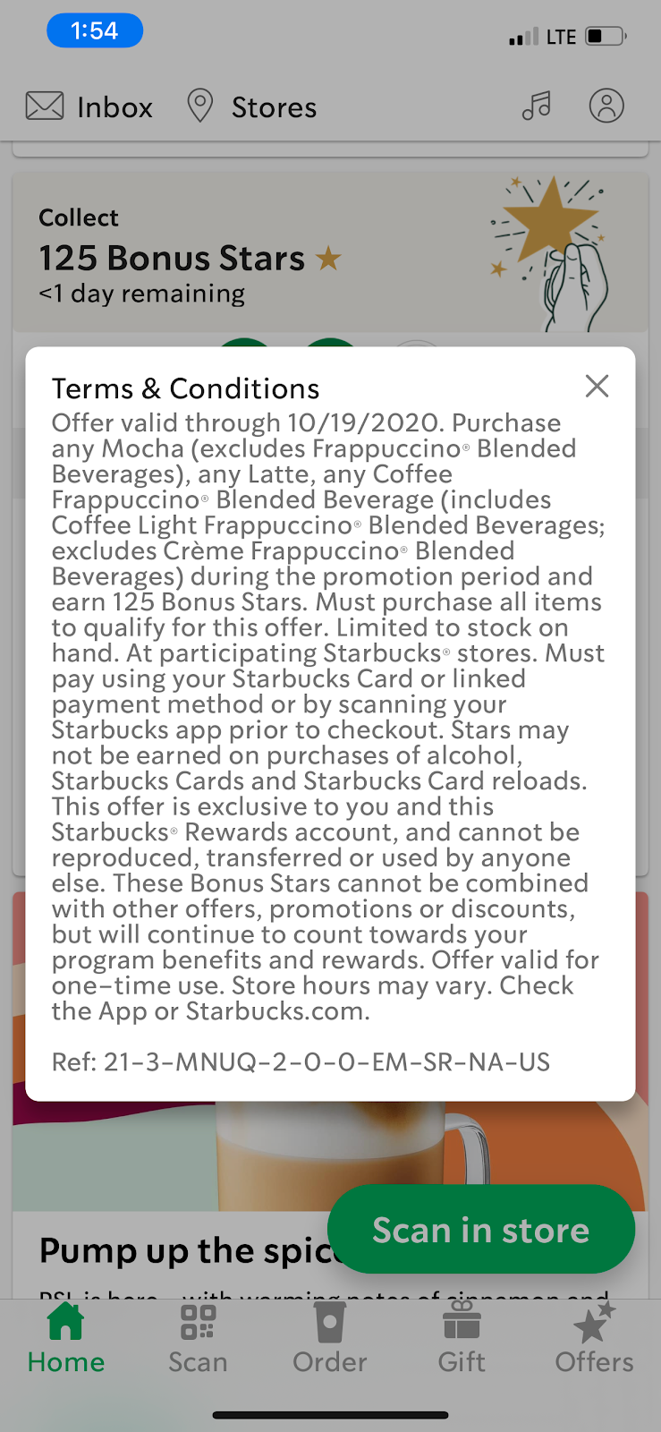 Screenshot for the Terms of Service for the 125 bonus stars promotional challenge offer