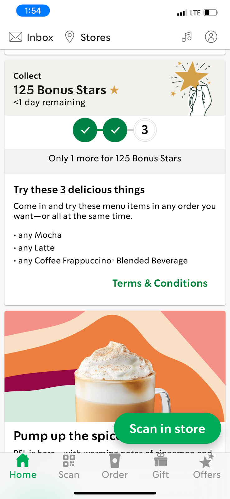 Screenshot of the Starbucks app featuring a promotion for 125 bonus stars for purchasing three specific items