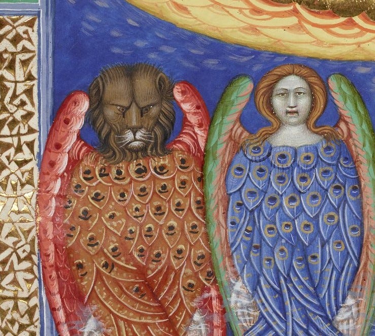 Illumination from Latin MS 30, focusing on two winged figures: one with red feathers and the head of a lion; the other with the head of a woman and blue feathers.