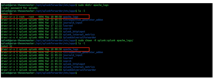 Change the ownership of the “apache_logs” directory to the “splunk” user: