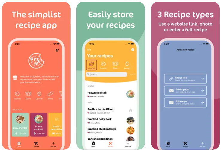 ByteMe recipe app screenshots