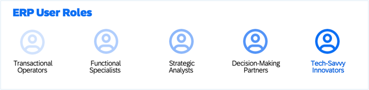 This image displays different ERP user roles in a progression from “Transactional Operators” to “Tech-Savvy Innovators.” Each role is represented by an icon and includes titles for roles such as “Functional Specialists,” “Strategic Analysts,” “Decision-Making Partners,” and finally, “Tech-Savvy Innovators,” indicating an increasing level of strategic influence and technical expertise.