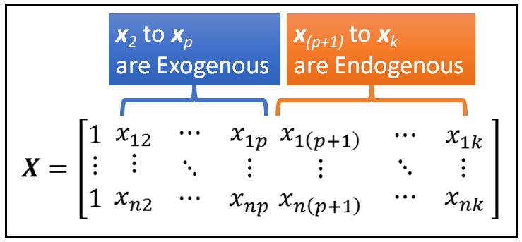 The X matrix composed of p exogenous variables and q endogenous variables