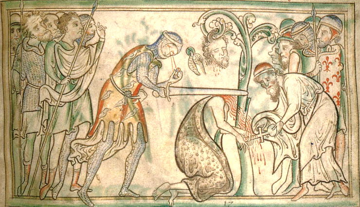 Matthew Paris depicts Alban’s severed head tied to a branch while his body falls to the ground. The executioner’s eyes fall out of their sockets.