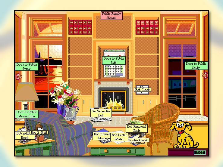 A screenshot of Microsoft Bob, which organized basic task applications into a family room-like space. You click on a pen cup for email and a book lying on a table for your address book. The chairs, fireplace, and other elements of the room make it look more like a room but serve no discernable purpose. The two side walls of the room both have doors labeled “Door to Public Study.”