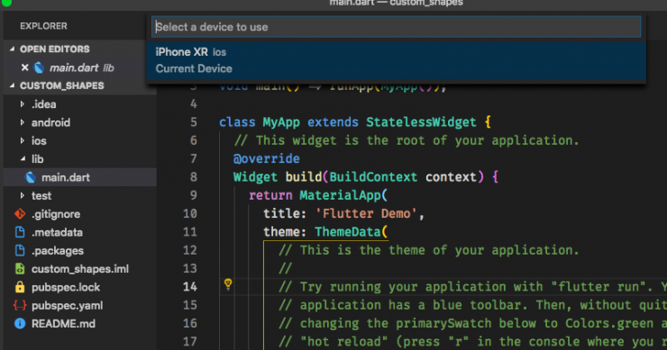 Selecting the Device on which the app will run on from the list of devices connected in VSCode
