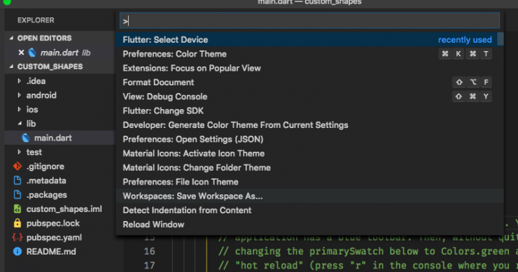 Selecting the device option from the VSCode Command Pallete