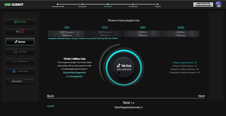 Screenshot of One Submit’s TikTok promotion plan page