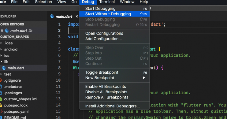 Start the app without debugging option in VSCode to run the flutter app
