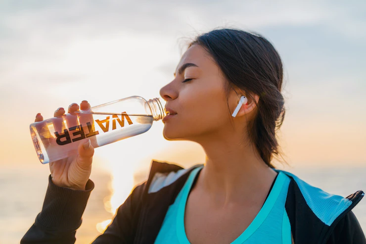 A woman drinking water in between her workout.