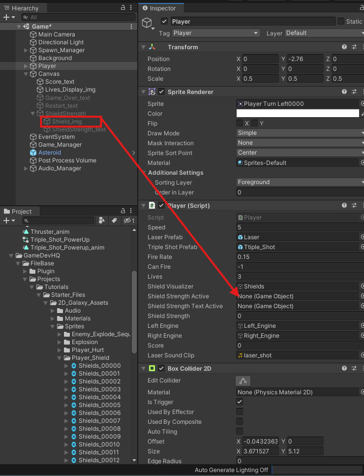 Unity hierarchy displaying assigning the image GameObject to the Player script