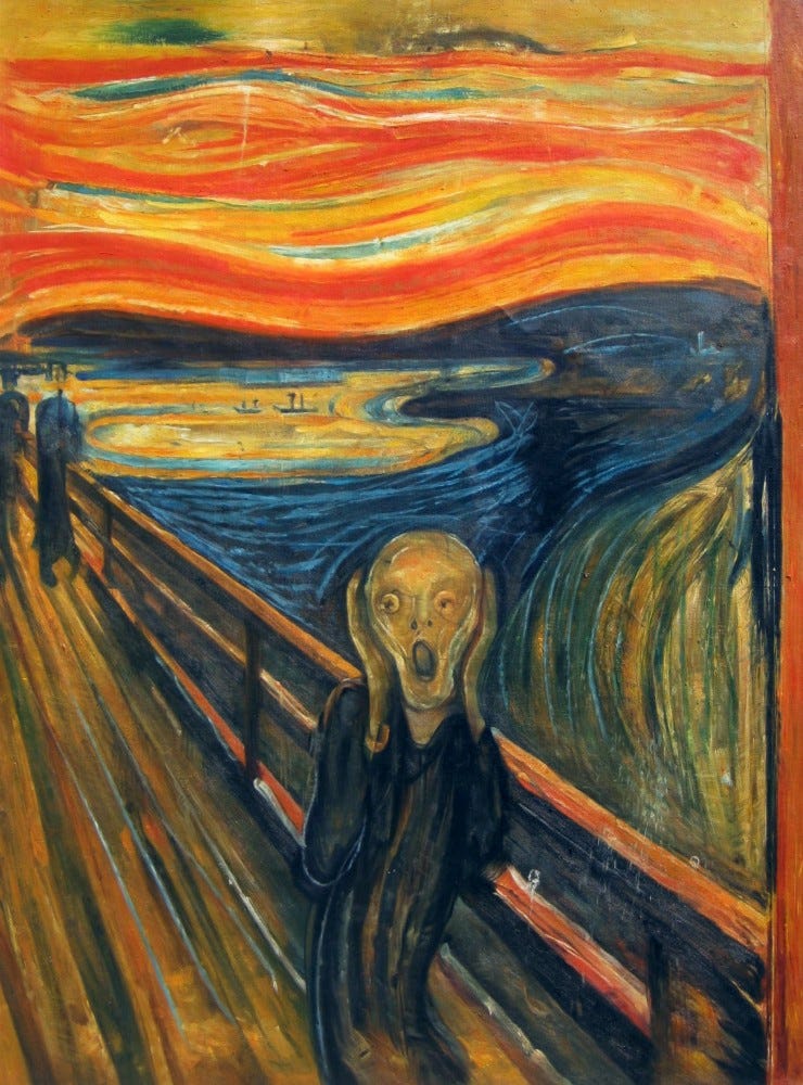 The Scream, by Edvard Munch, showing a person holding their face in horror.