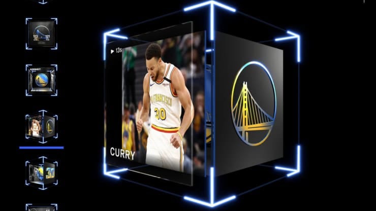 Picture of basketball player, Steph Curry, bracing himself in celebration mode, encapsulated in a virtual prism with the Golden States Warrior’s logo on the side. This image is meant to represent a non-fungible token.