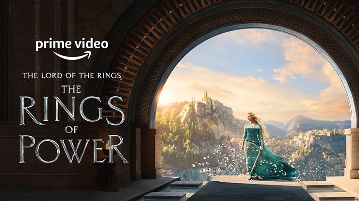 Galadriel holding a sword, presumably in Numenor. Text overlay has the Prime Video logo, with “The Lord of the Rings The Rings of Power” in all capital letters underneath.