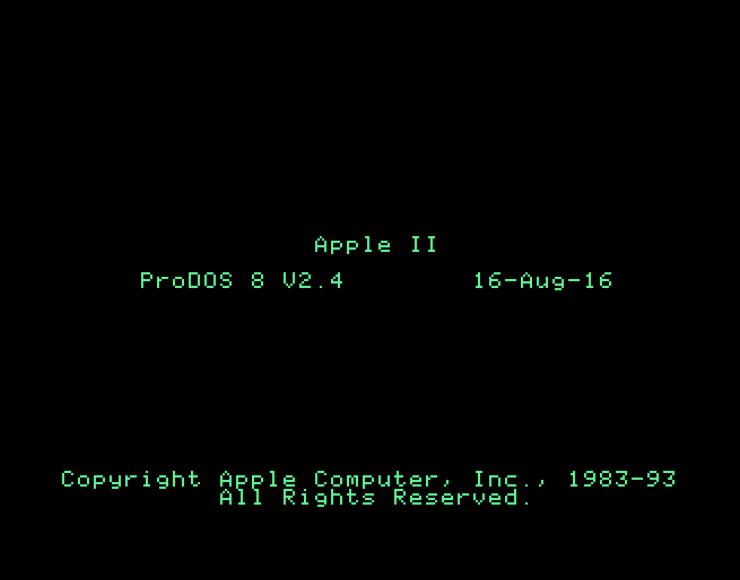 La schermata di avvio del sistema operativo ProDOS dell’Apple II. Su sfondo nero si stagliano nel caratteristico verde il nome del computer e del sistema operativo e le informazioni di copyright.