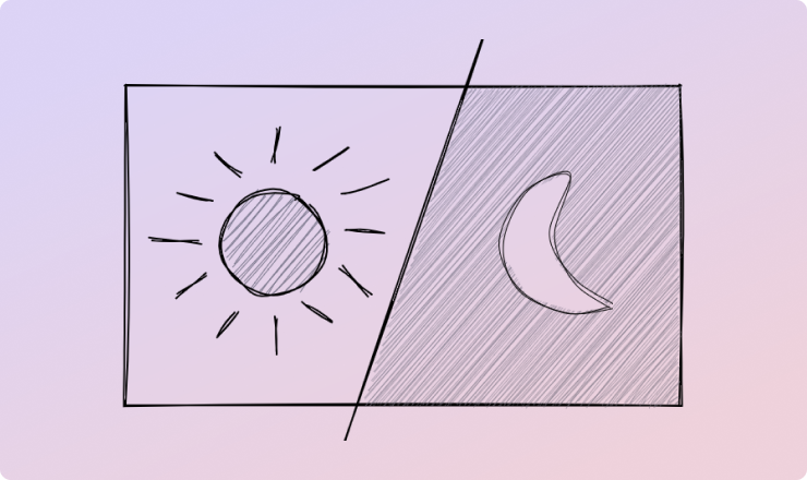 Illustration of a split rectangle with a sun over light and a moon over dark.