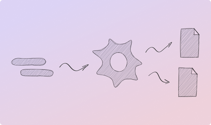 Illustration of design tokens being processed through a gear producing multiple output files