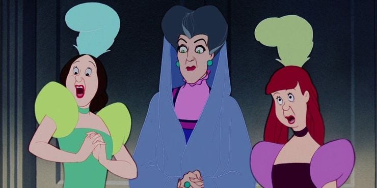 Cinderella’s step sisters and step mother looking utterly shocked.